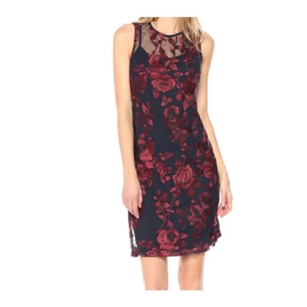 Donna Ricco embroidered illusion red and navy blue, sheer lace dress size small
